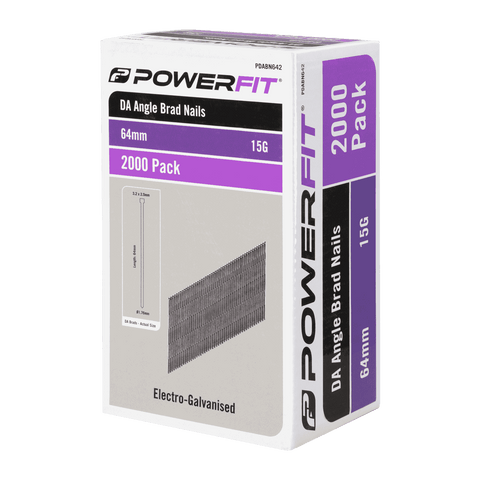 PowerFit 64mm DA Angled Brad Nails 15 Gauge Electro-Galvanised - 2000 Pack