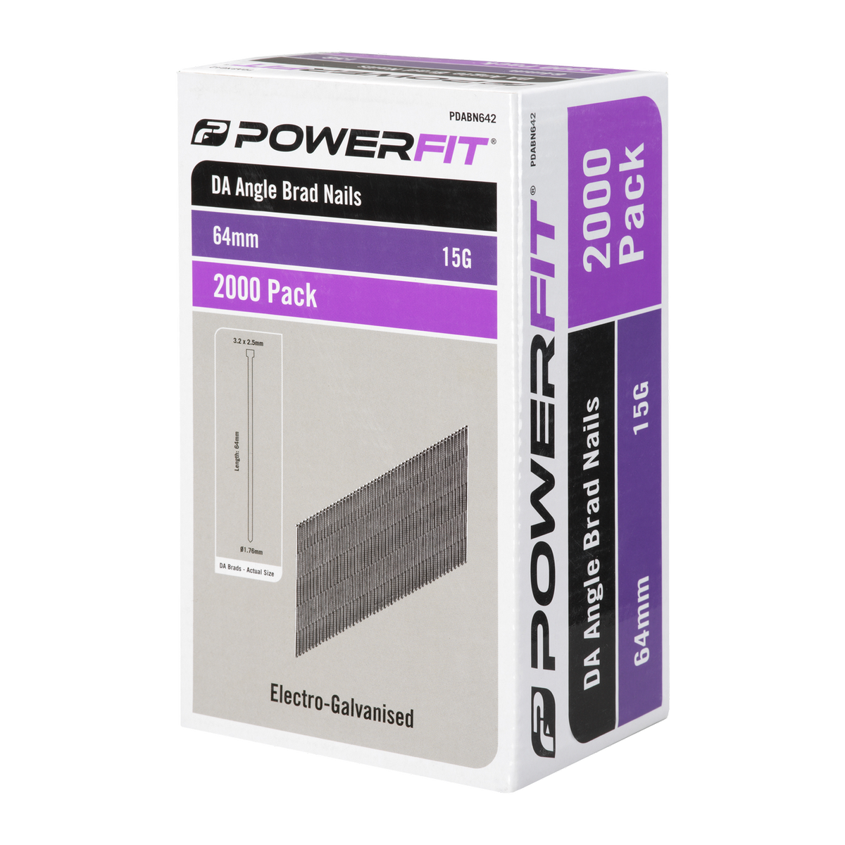 Powerfit 64mm Electro Galvanised DA Angled Brad Nails - 2,000 Pack - Corrosion Resistant - 15-Gauge - SuperSaverAU - view 1