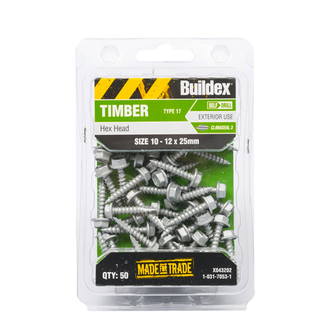 Buildex 10-12 x 25mm Climaseal Galvanised Hex Head Timber Screws - 50 Pack