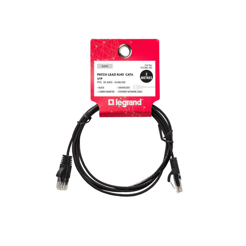 Legrand Cat6 RJ45 UTP Slimline Patch Lead 2m Black Network Cable