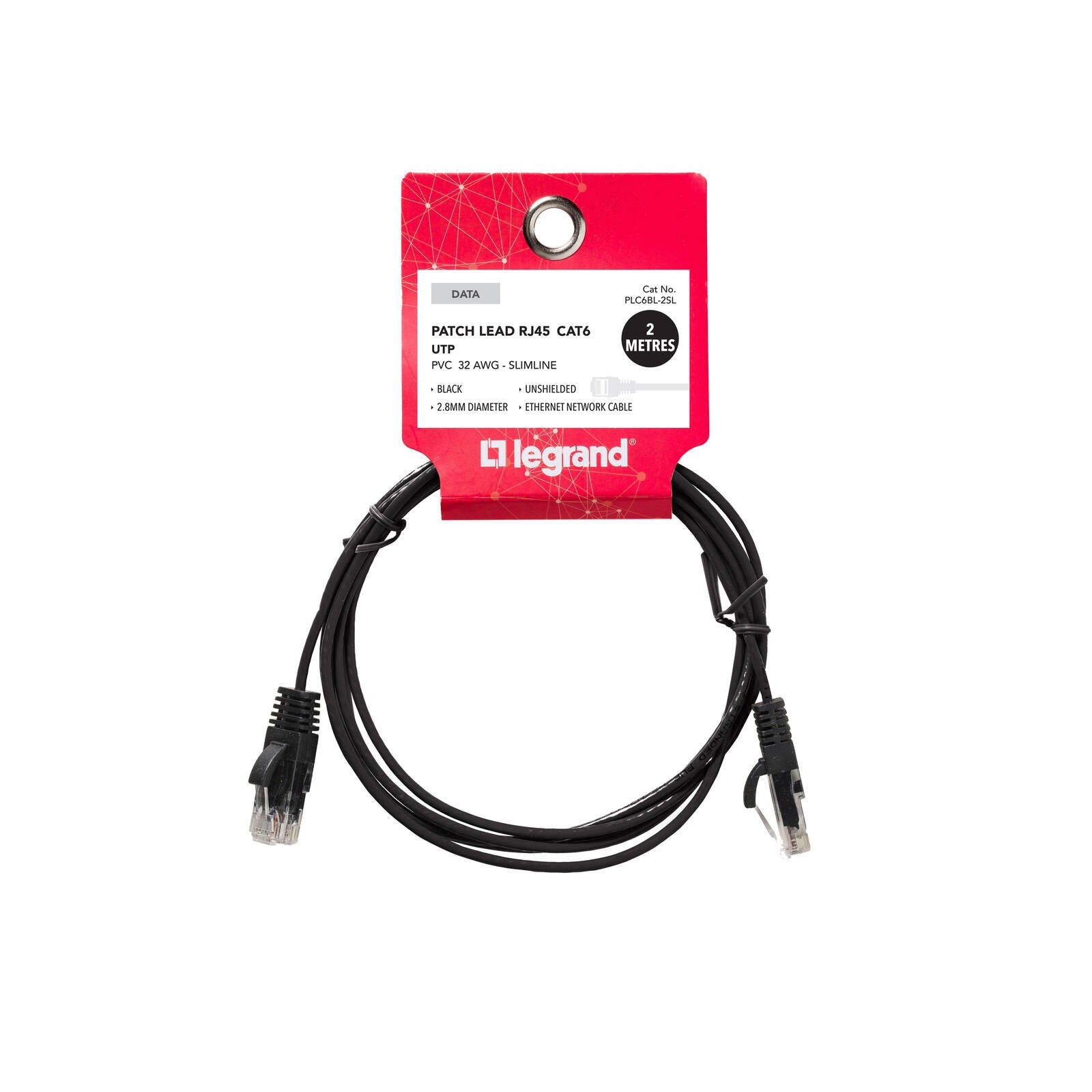 Legrand Cat6 RJ45 UTP Slimline Patch Lead 2m Black Network Cable