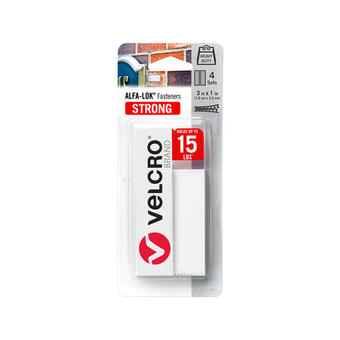 VELCRO Brand ALFA-LOK Strips, White, 76.2 x 25.4mm, 4 Sets, Self-Adhesive Fasteners