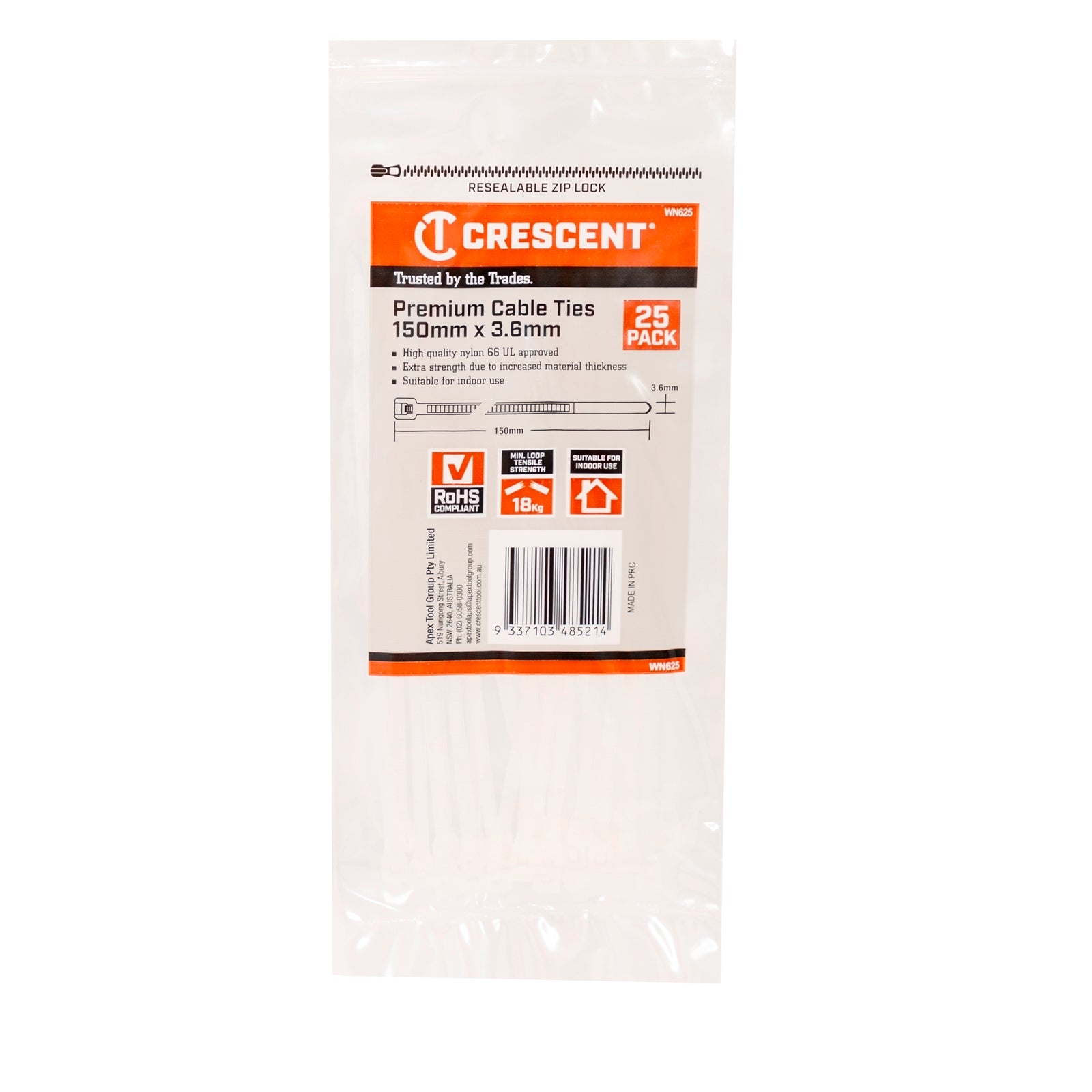 Crescent 150mm x 3.6mm Natural Nylon Cable Ties 25 Pack