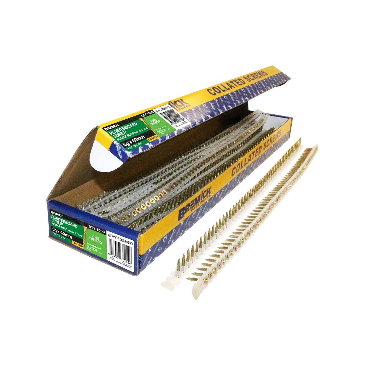 Bremick 6g x 40mm Zinc Yellow Fine Collated Screws 1000 Pack