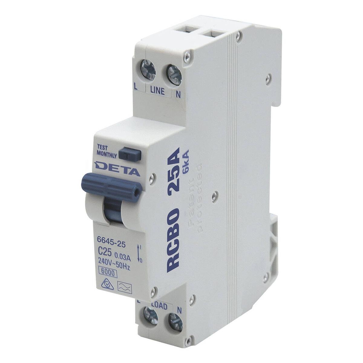 DETA 25A Residual Circuit Breaker with Overload Protection - 6kA - 1P+N - 240V - SuperSaverAU - view 1