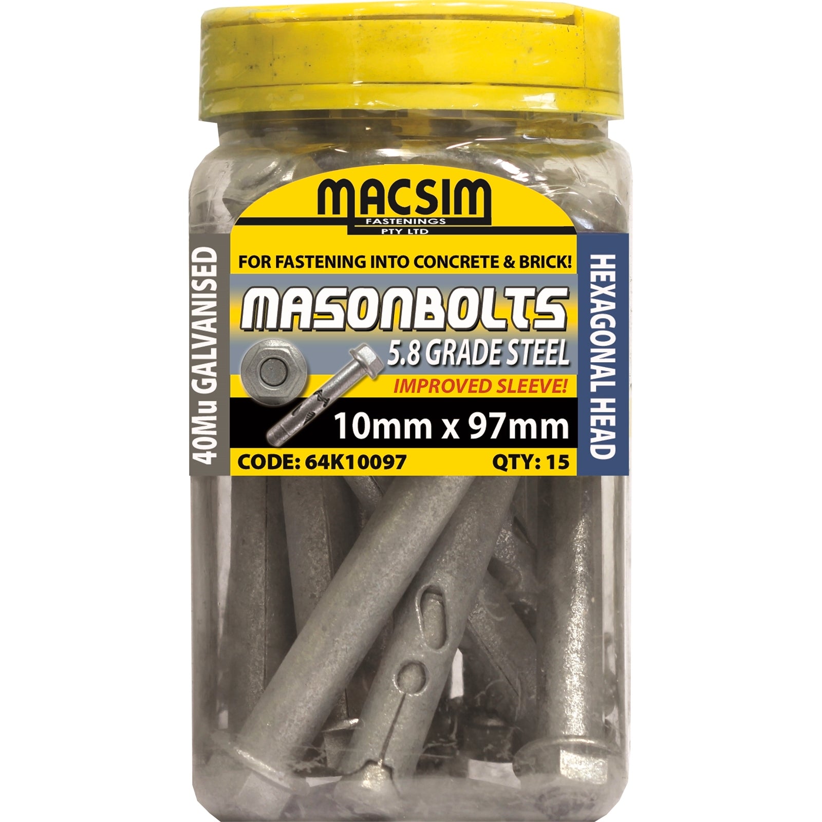 Macsim 10 x 97mm Galvanised Sleeve Anchor Hex Nut - 15 Pack
