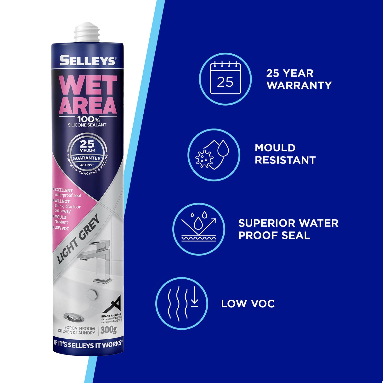 Selleys Wet Area Waterproof Silicone Sealant 300g Light Grey - For Bathrooms, Kitchens & Laundries