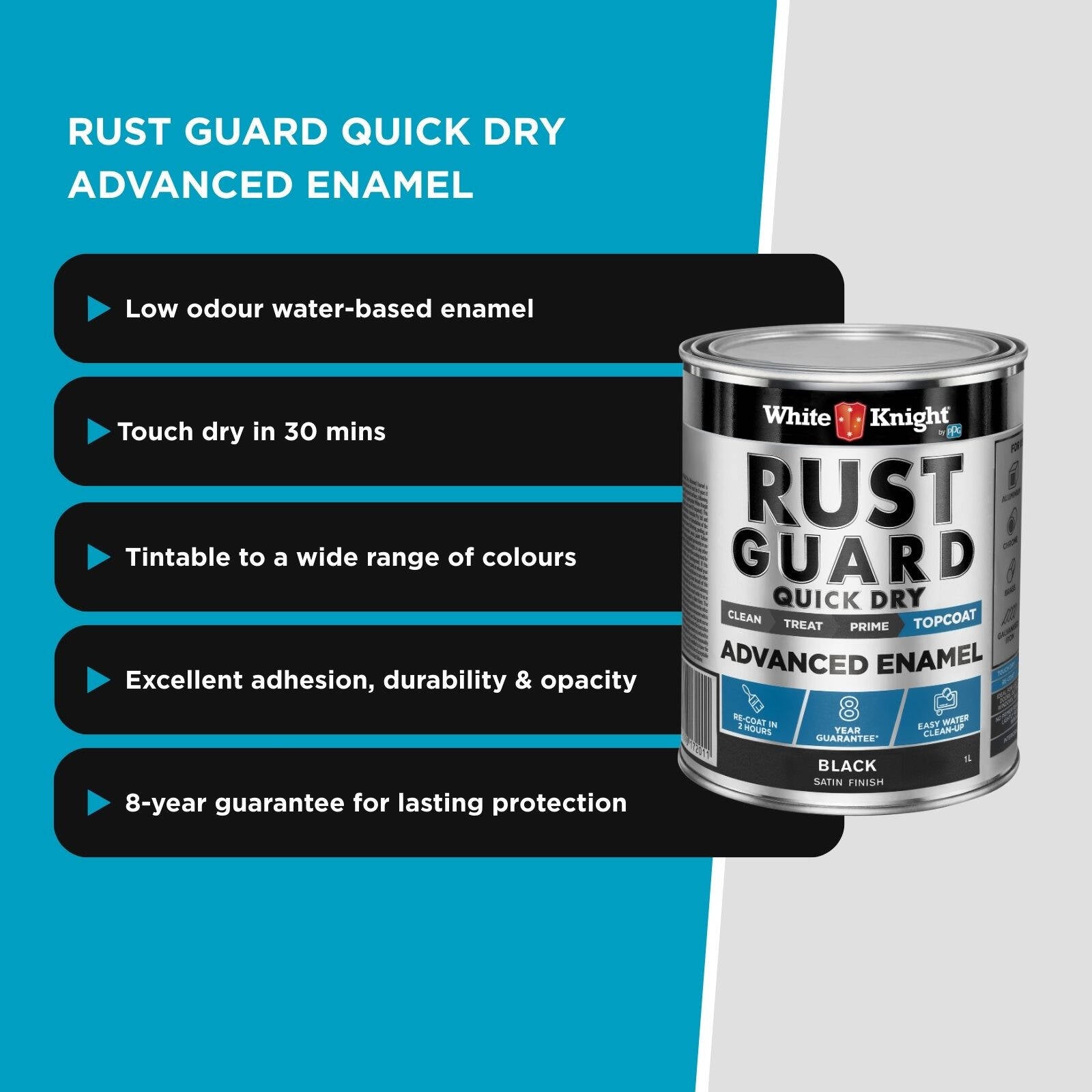 White Knight Rust Guard 1L Black Satin Quick Dry Advanced Enamel Paint, UV Resistant