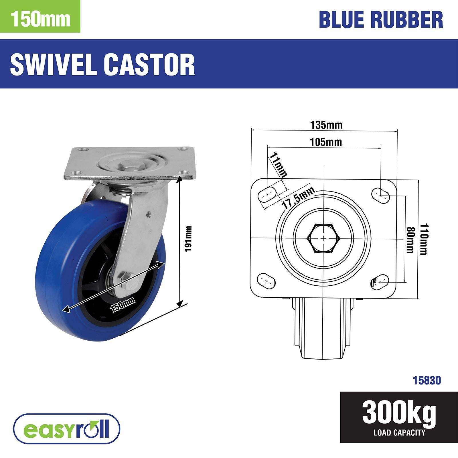 Easyroll 150mm Blue Elastic Rubber Heavy Duty Swivel Plate Castor, 300kg