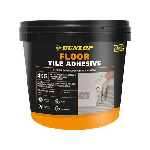 Dunlop 4kg Grey Floor Tile Adhesive, Flexible, UV & Weather Resistant, Indoor/Outdoor