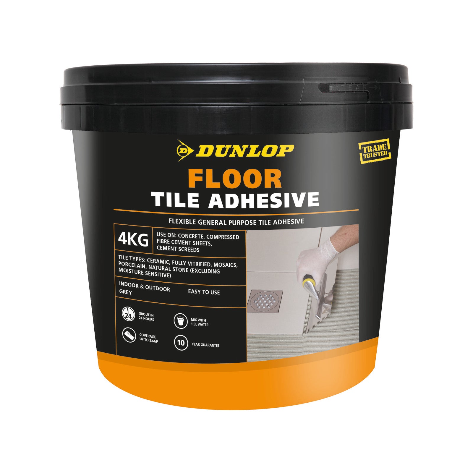 Dunlop 4kg Grey Floor Tile Adhesive, Flexible, UV & Weather Resistant, Indoor/Outdoor