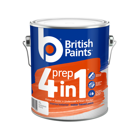 British Paints 4 In 1 Prep Primer Sealer Undercoat White 2L - Water Based Acrylic, Interior & Exterior