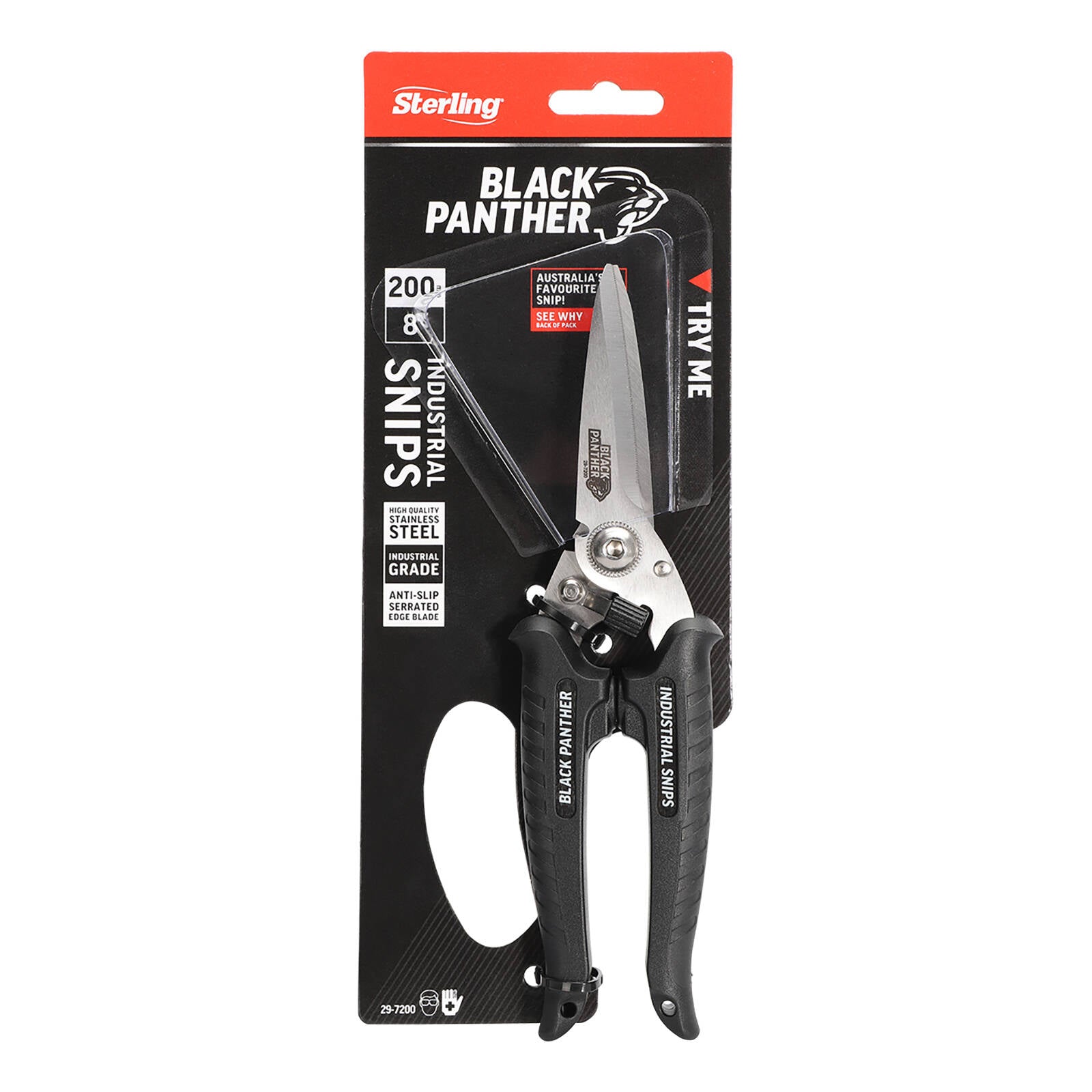 Sterling 200mm Black Panther Industrial Snips - Serrated Anti-Slip Blade
