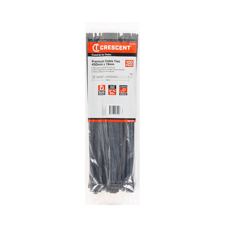 Crescent 450 x 7.6mm Black Nylon Cable Ties UV Resistant - 100 Pack