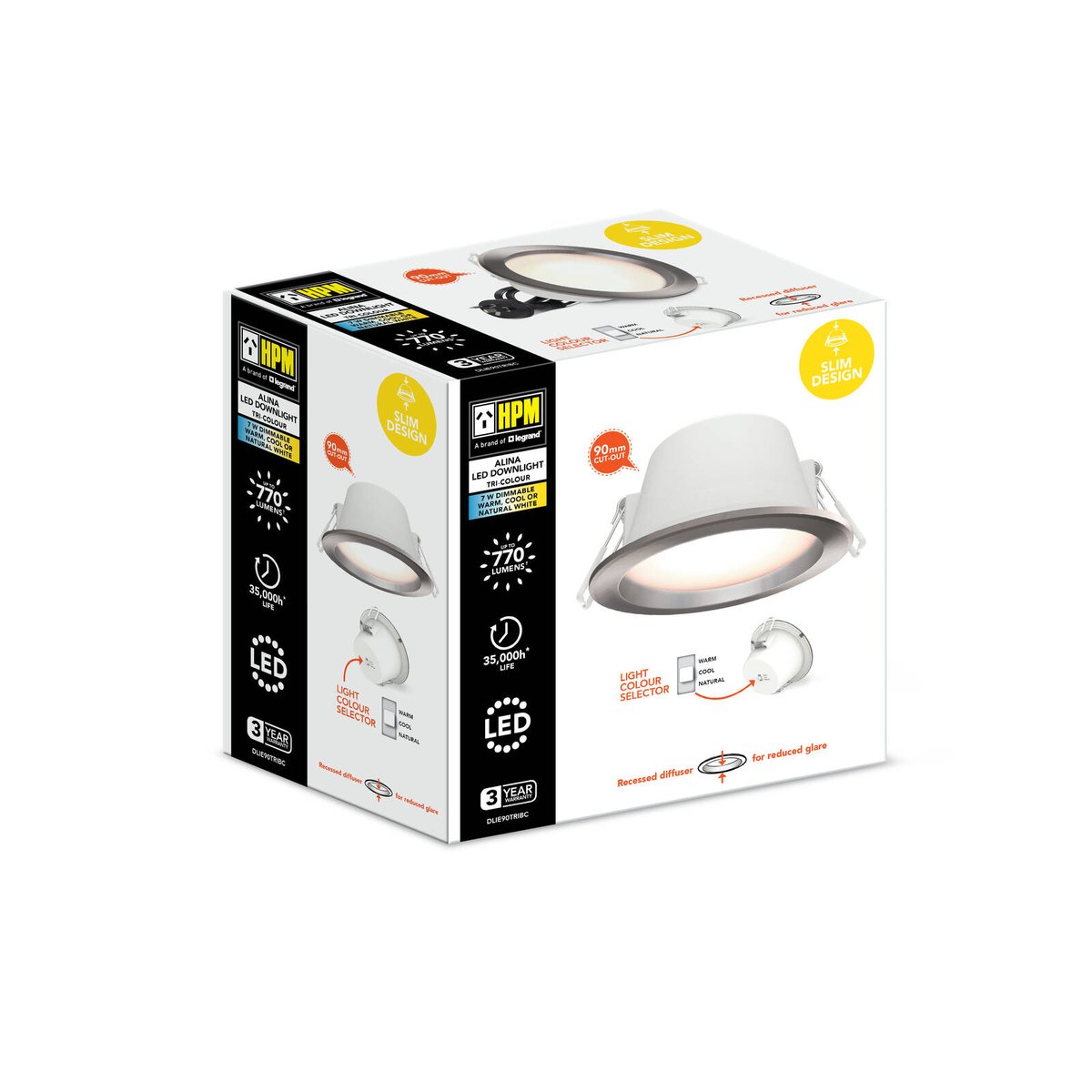 HPM Alina LED 7W 770lm Tri-Colour Recessed Downlight 90mm Brushed Chrome