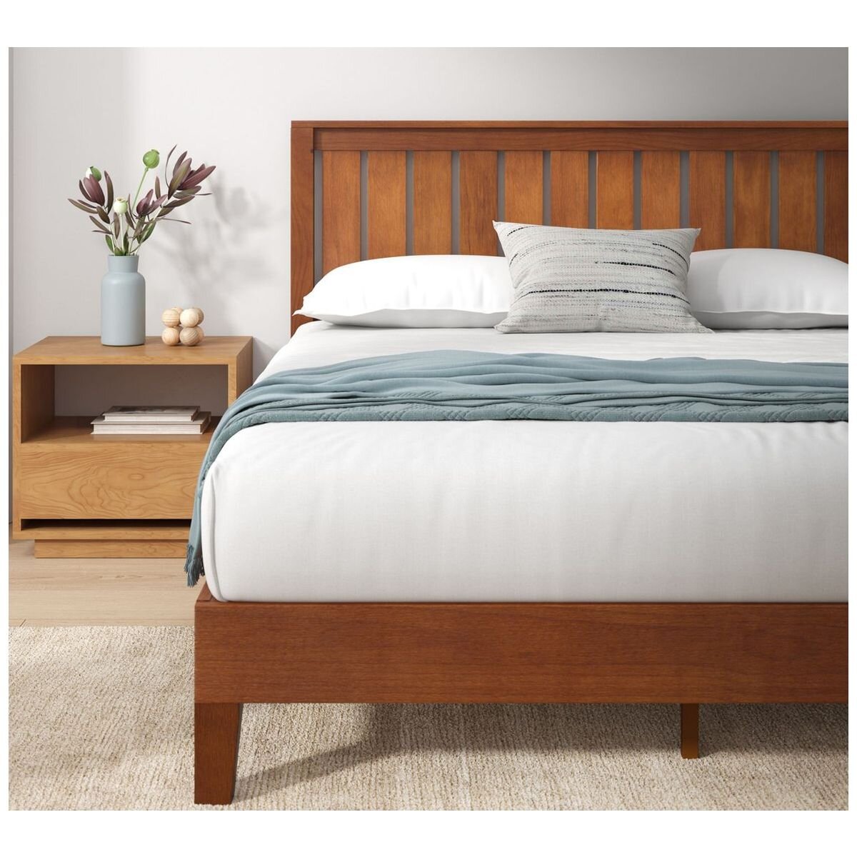Zinus Queen deluxe solid wood bed frame - dark brown pine, panelled headboard - AU-PWPBBHE-12Q