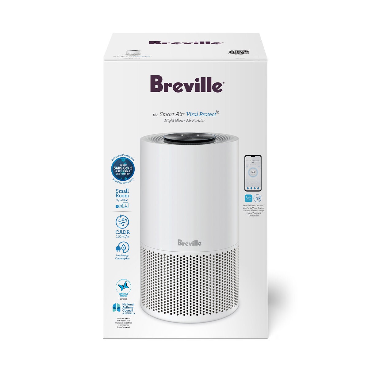 Breville Smart Air Viral Protect Night Glow - 3 Stage AntiViral HEPA 13, WiFi and Voice Control - LAP168WHT