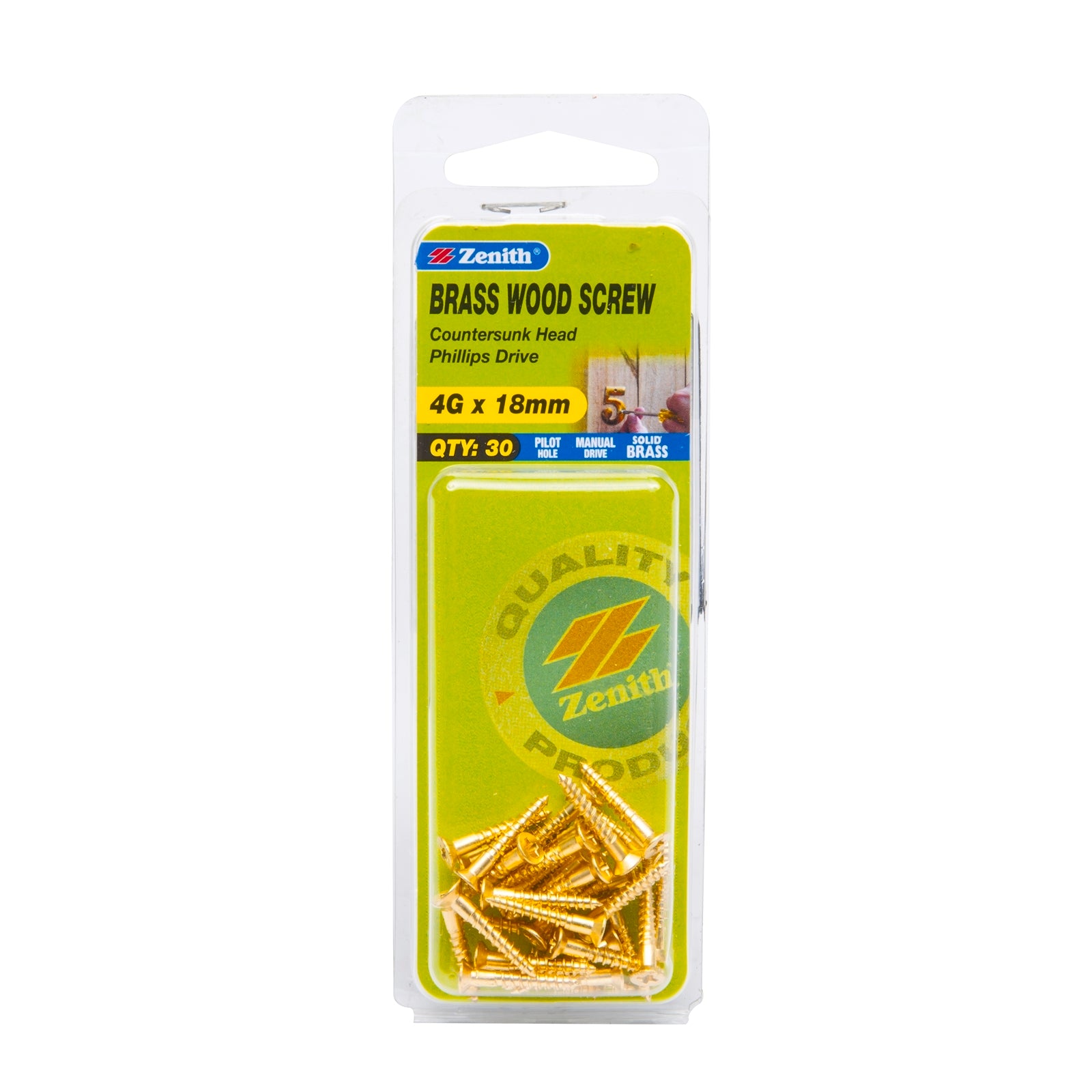 Zenith 4G x 18mm Solid Brass Countersunk Head Wood Screws, Needle Point, 30 Pack