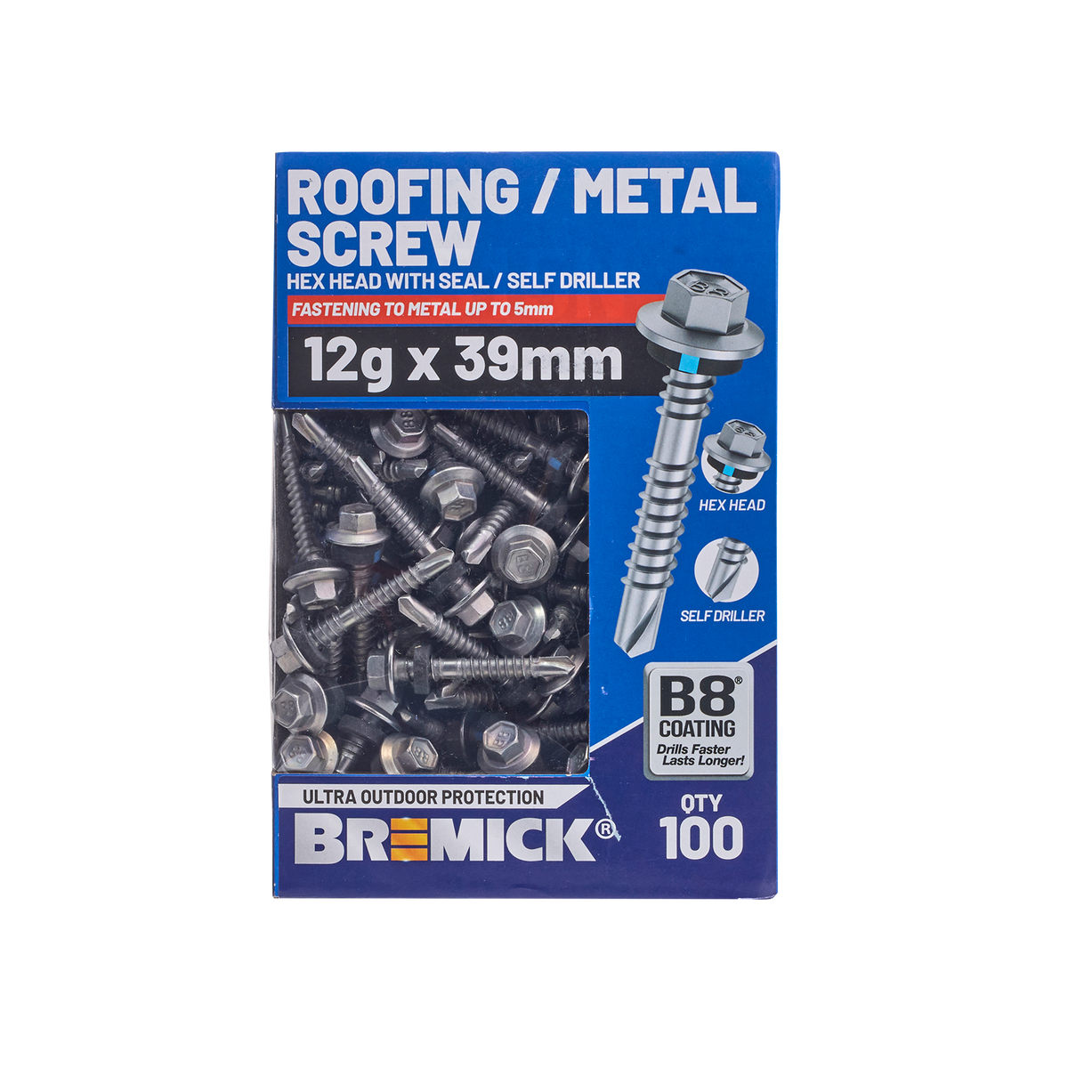 Bremick 12g x 39mm B8 Hex Roofing Screw Drill Point Carbon Steel - Pack 100