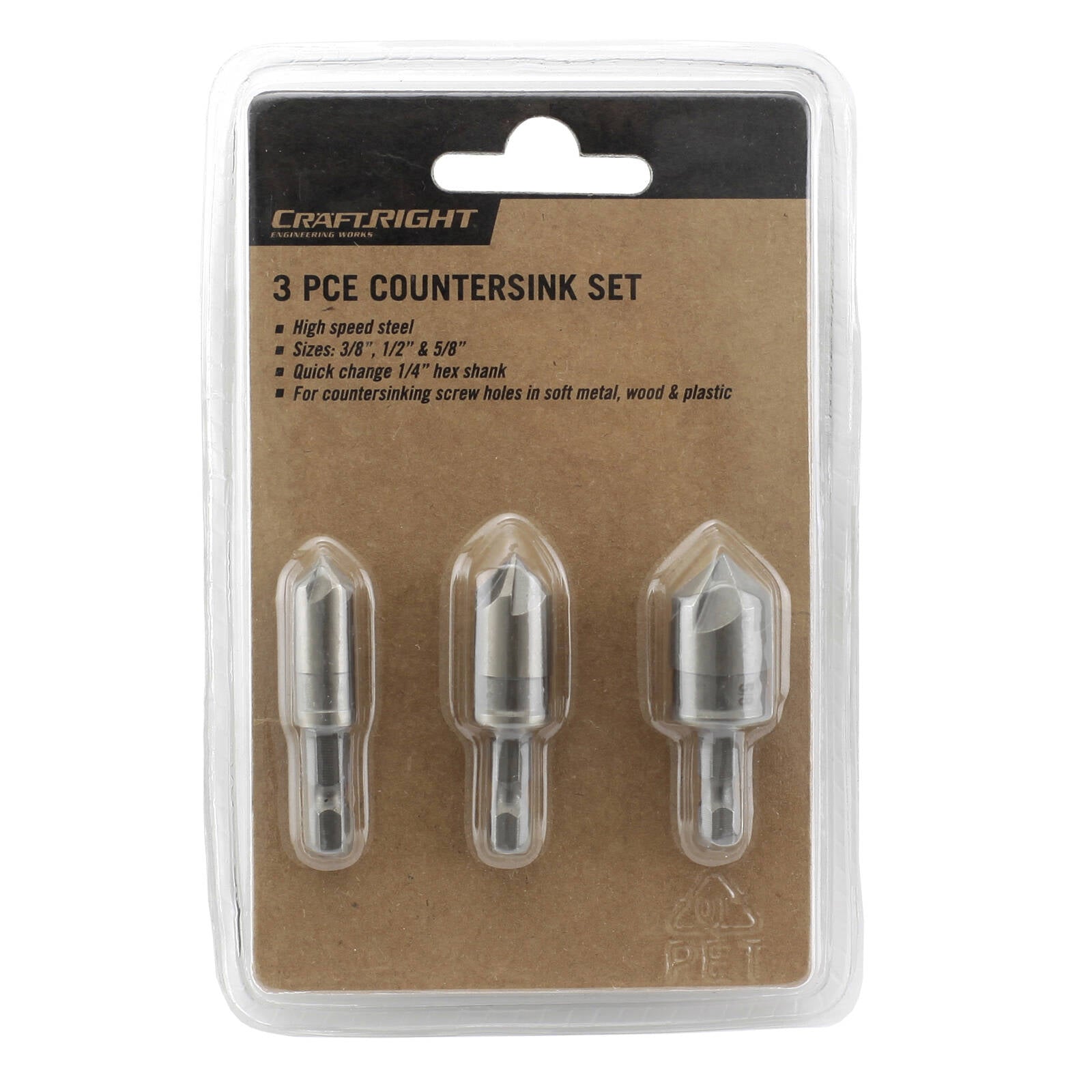 Craftright 3 Piece Countersink Bit Set High Speed Steel Quick Change Hex Shank