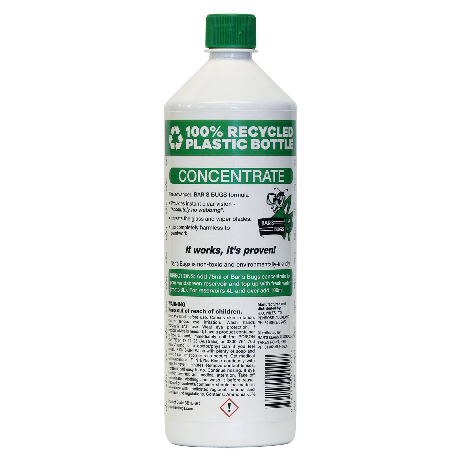 Bar's Bugs 1L Green Windscreen Cleaner Concentrate Makes Up To 40L