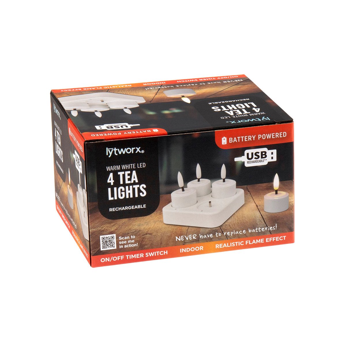 Lytworx USB Rechargeable Warm White LED Tea Lights - 4 Pack 70749