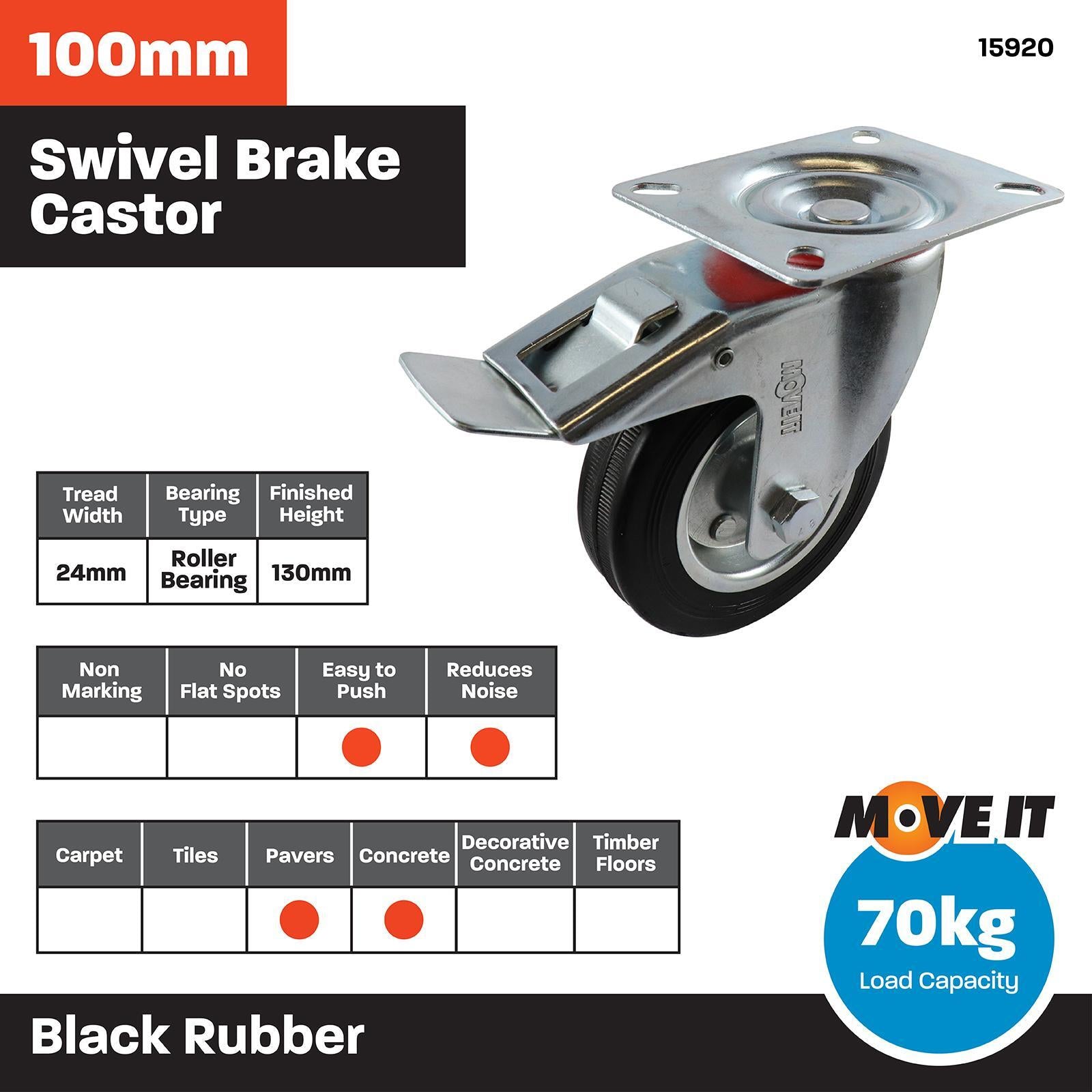 Move It 100mm Black Rubber Swivel Plate Castor with Brake, Indoor, 70kg