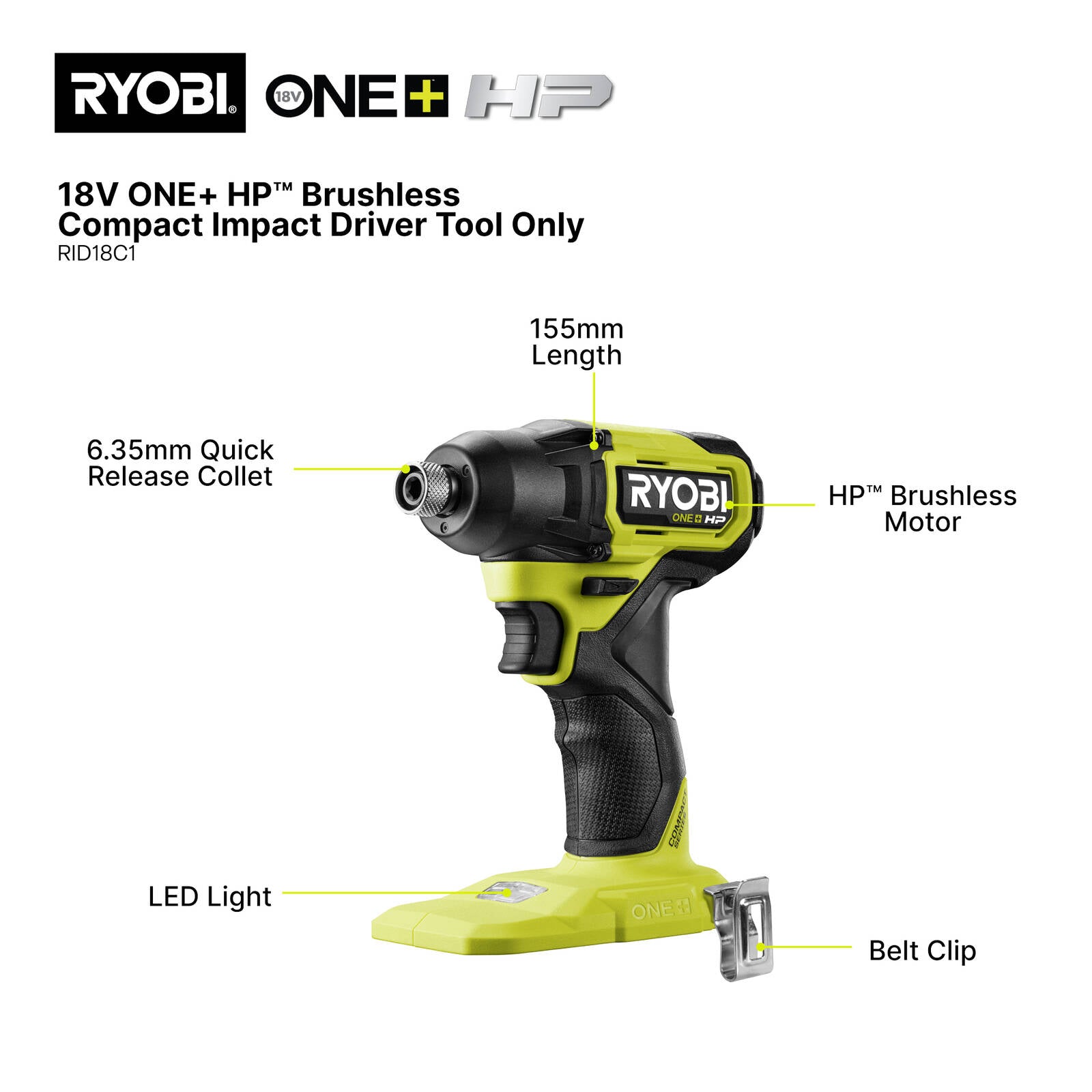 Ryobi 18V ONE+ HP Brushless Compact Impact Driver RID18C1, Tool Only
