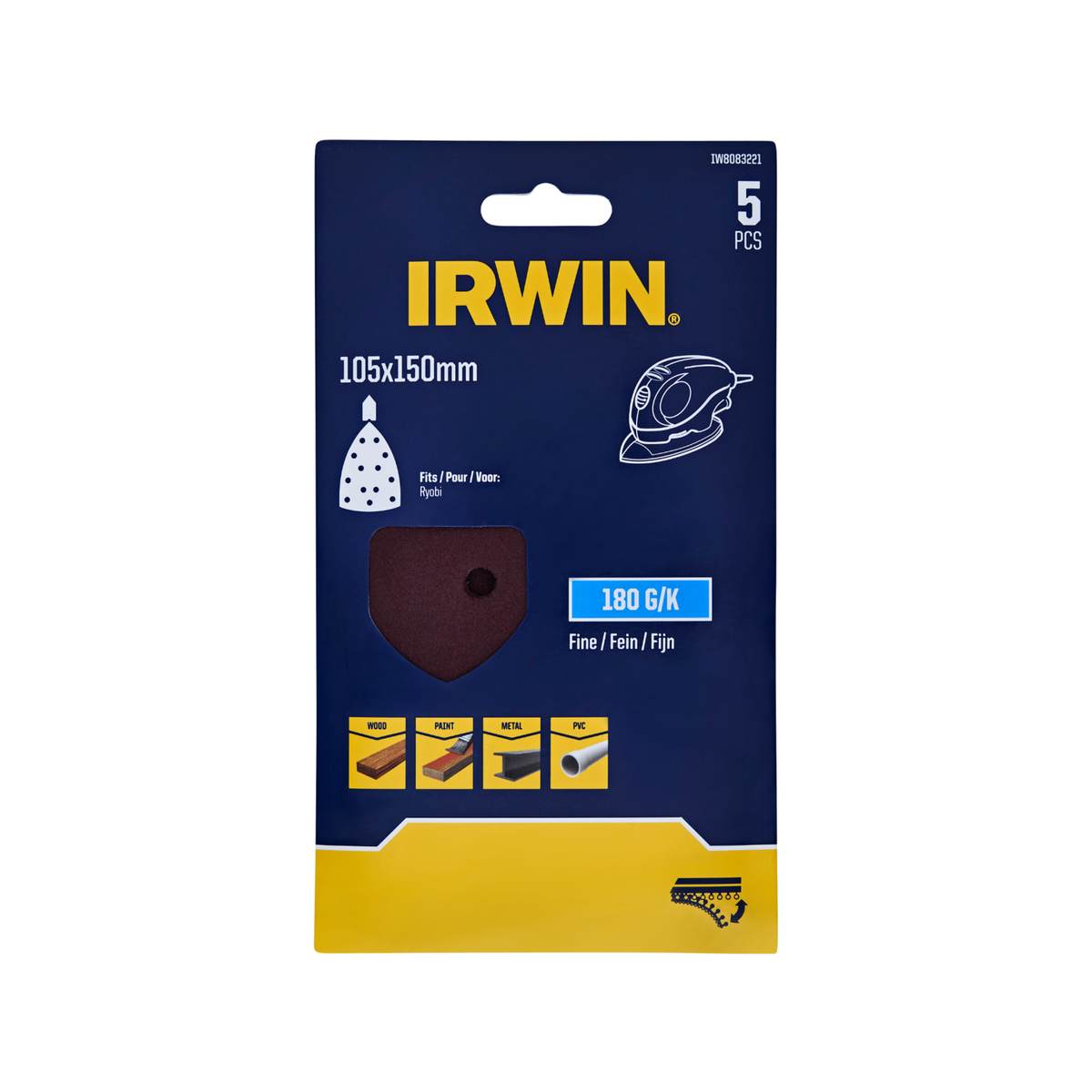 Irwin 105 x 150mm 180 Grit Detail Sanding Sheets - 5 Pack