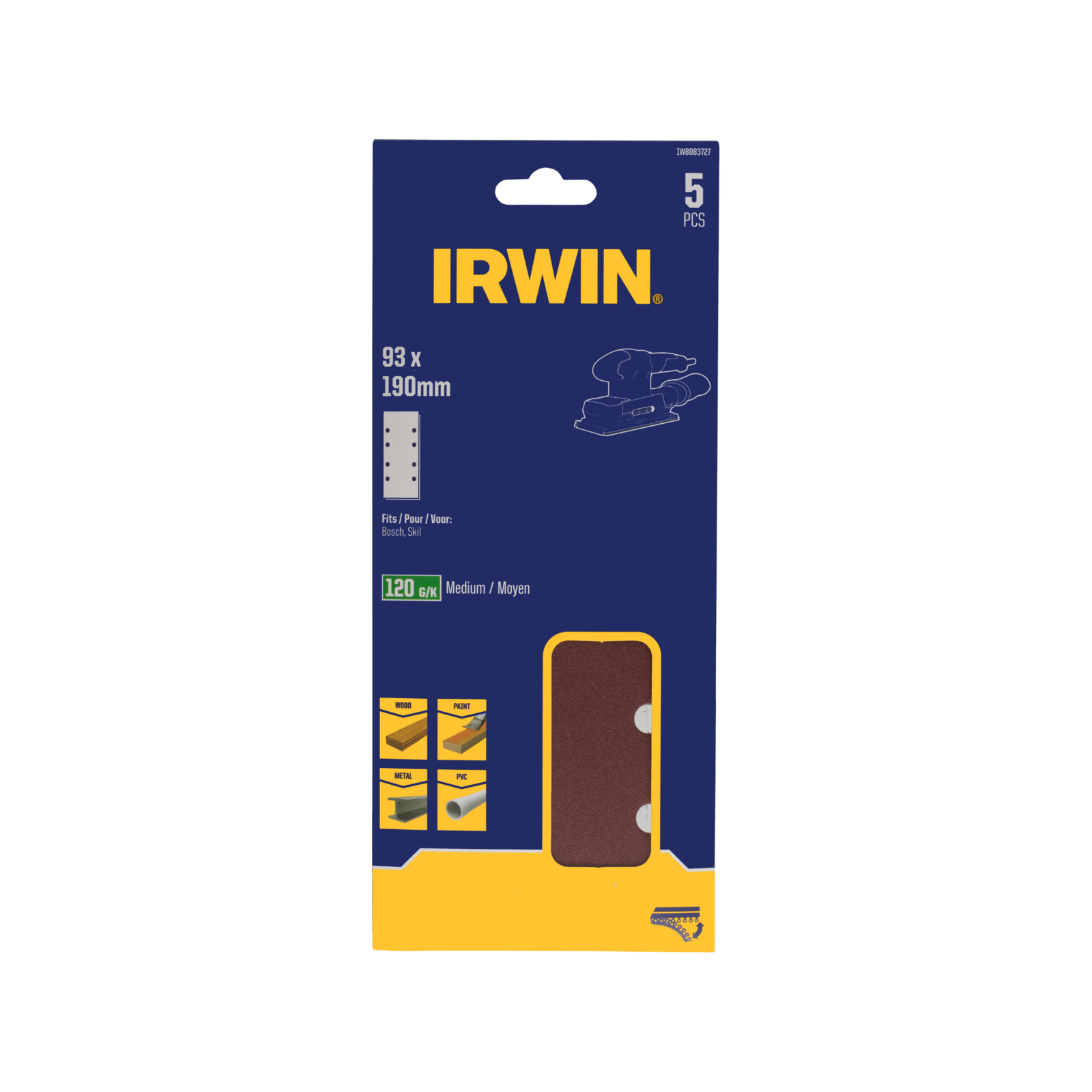 Irwin 93 x 190mm 120 Grit Punched Sand Sheets 5 Pack, 8 Holes