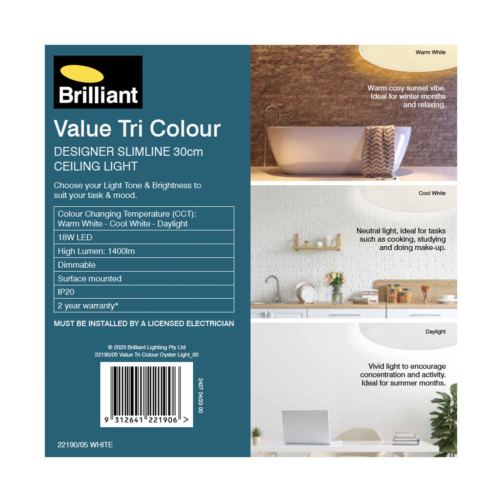 Brilliant 30cm Tri-Colour Dimmable LED Oyster Ceiling Light, 18W