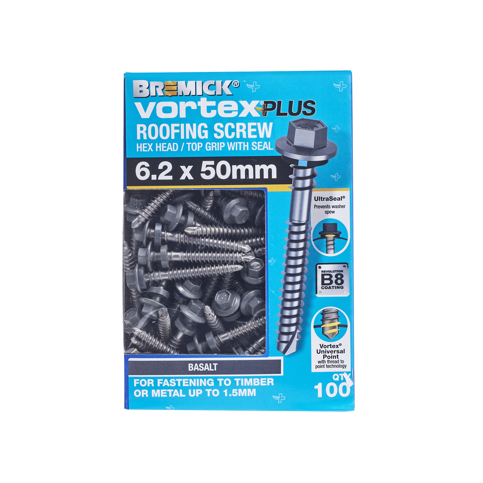 Bremick Vortex Plus 6.2 x 50mm Hex Roofing Screw, Carbon Steel B8 Basalt, Sealed Head Vortex Point - 100 Box