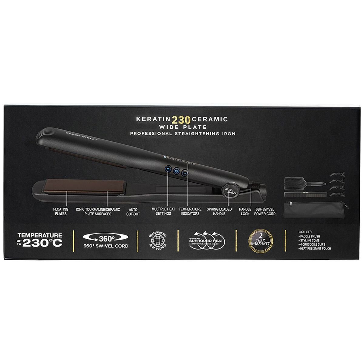 Silver Bullet Keratin 230 Wide Plate Straightener - 37mm Ceramic Tourmaline Floating Plates - 900424