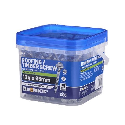 Bremick 12g x 65mm B8 Hex Roofing Screw Type 17 Carbon Steel - Box 500