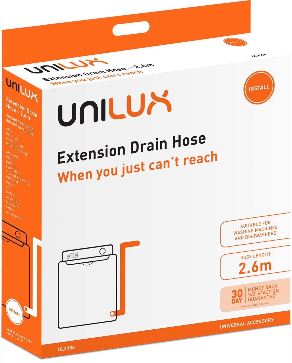 Unilux 2.6m extension drain hose with wall mount hook adaptor - dishwashers and washing machines - ULX106
