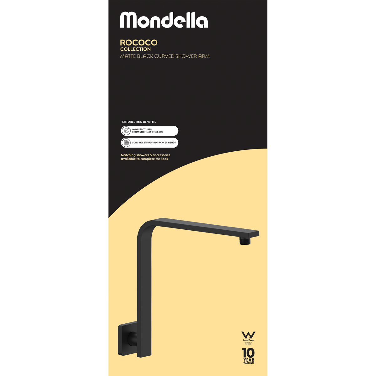 Mondella Black Matte Rococo Curved Shower Arm - 135mm x 180mm x 435mm - Lead-Free Stainless Steel - SuperSaverAU - view 4