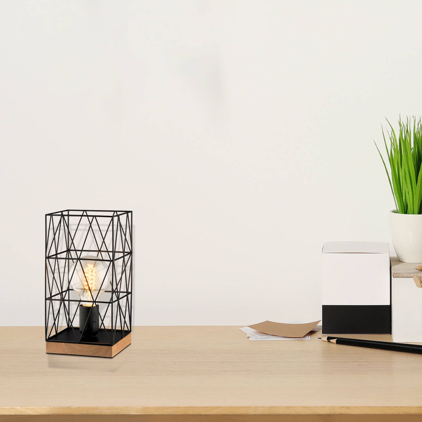 Verve Design Zavier Table Lamp, Black Metal & Wood, E27 40W, Square Shade ATL855BK