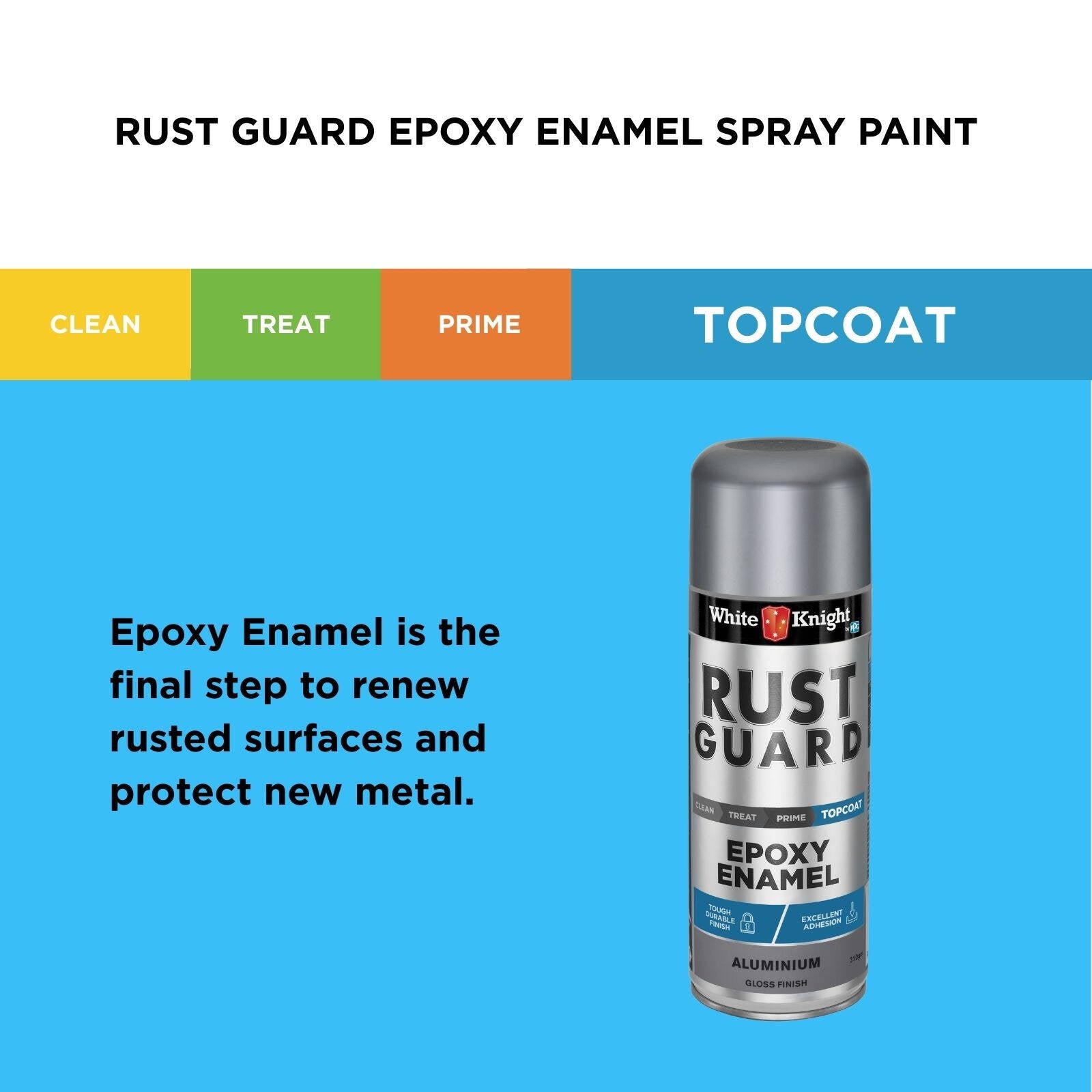 White Knight Rust Guard Epoxy Enamel Spray Paint 310g - Aluminium Gloss, Solvent Based Metal Finish