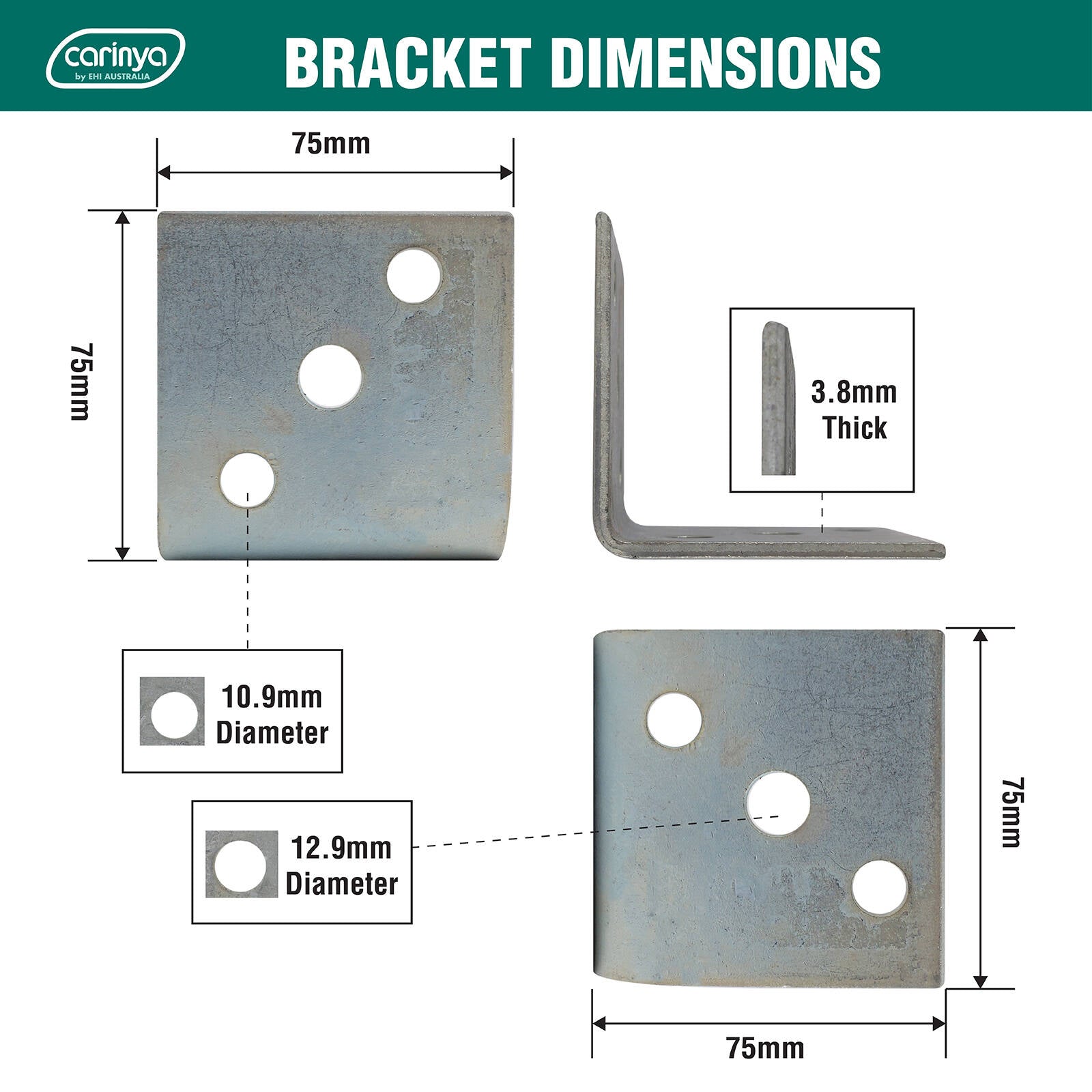 Carinya 75 x 75 x 75 x 4mm Zinc Plated Steel Reinforcing Angle Bracket