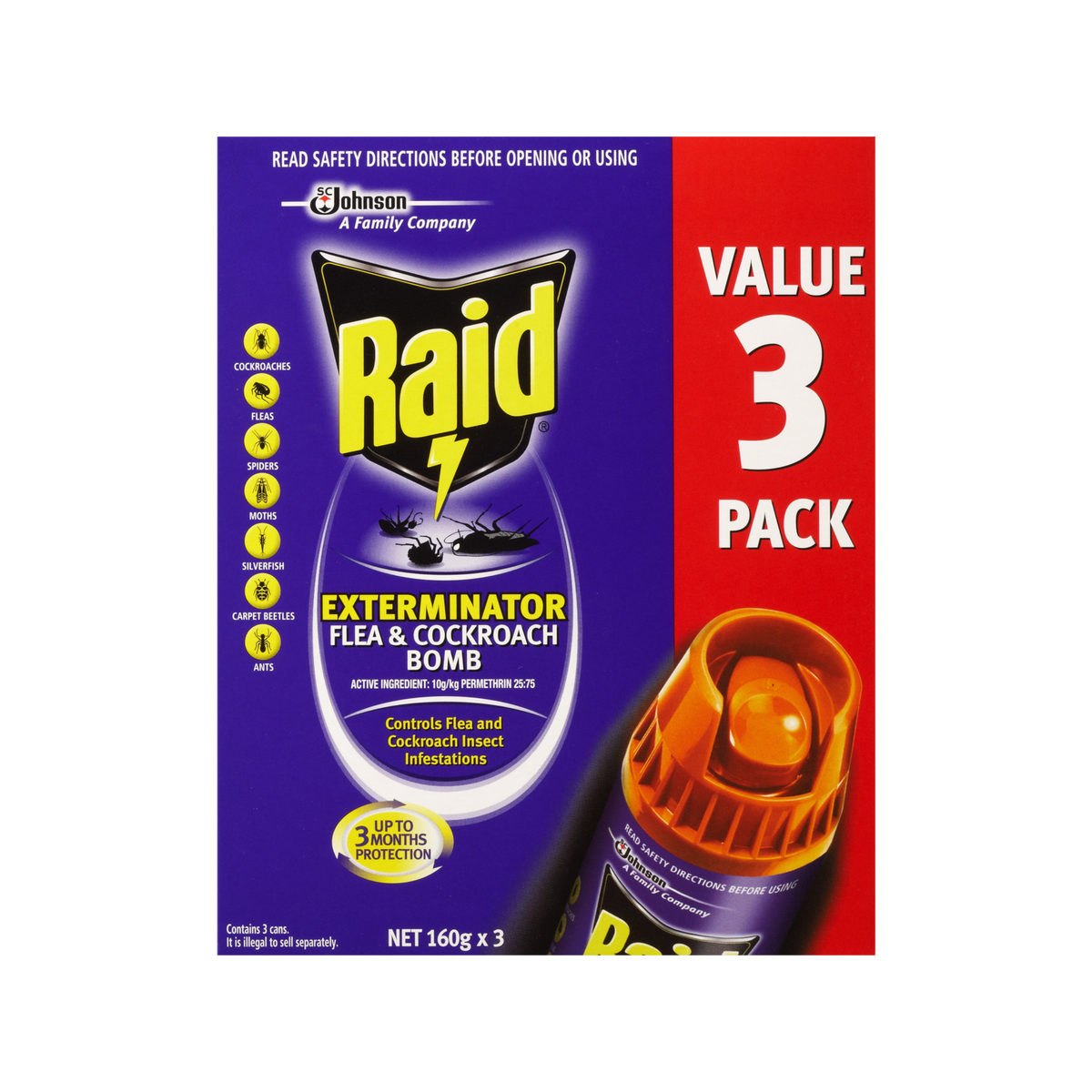 Raid Exterminator Flea and Cockroach Bomb 160g - 3 Pack - Indoor Use - Kills Pests - SuperSaverAU - view 1