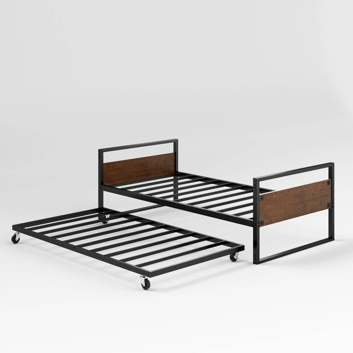 Zinus Ironline Single trundle bed frame set - black steel, daybed with hidden trundle - AU-IRDBS-39