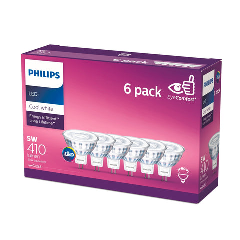 Philips LED Cool White Classic MR16 5W 410lm Globe 6 Pack 929001280598