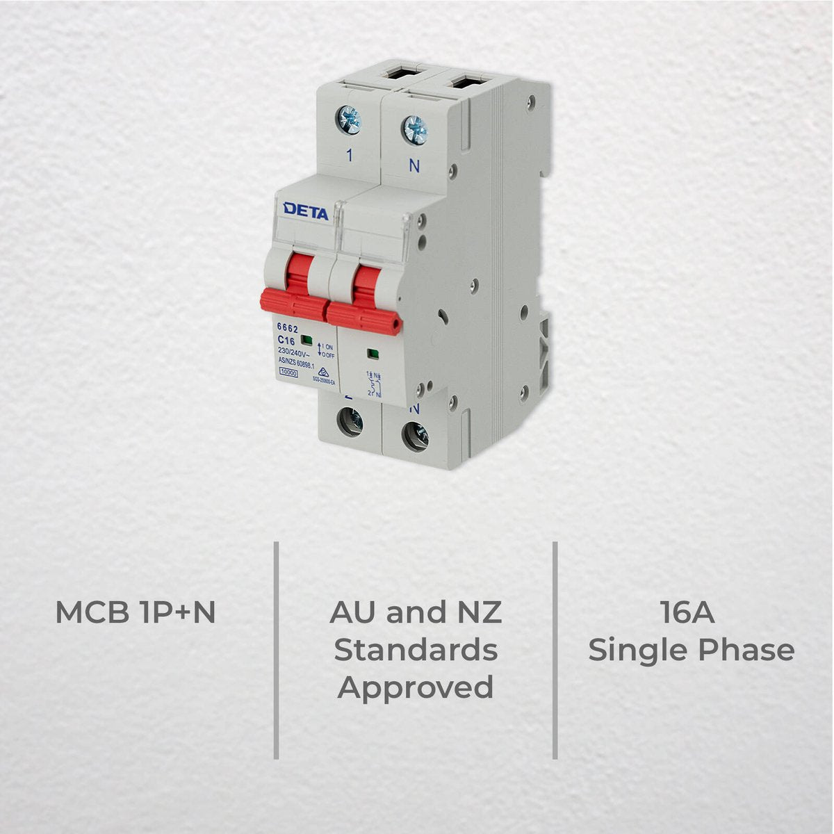 DETA 16A Single Phase MCB 1P+N C Curve 10kA Circuit Breaker 6662B-16B - Nylon