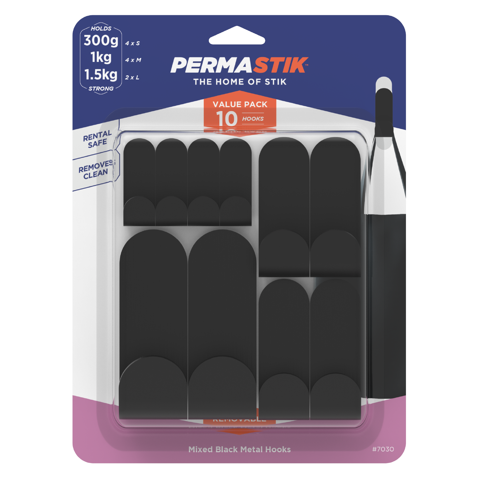 Permastik Black Stainless Steel Mixed Metal Adhesive Hooks 10 Pack
