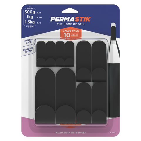 Permastik Black Stainless Steel Mixed Metal Adhesive Hooks 10 Pack
