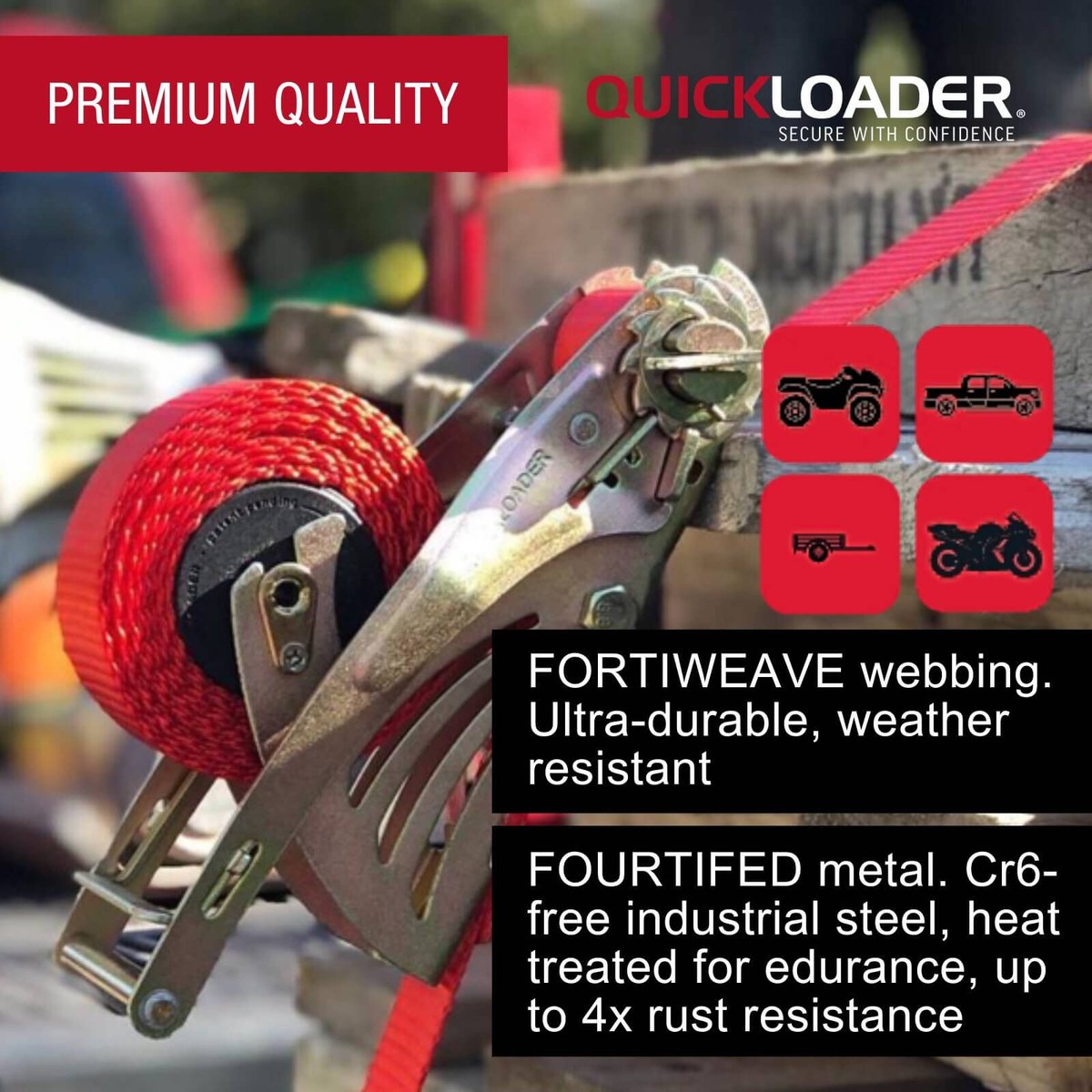 Quickloader Retractable Ratchet Tie Down Strap 4.2m x 25mm 400kg - 2 Pack