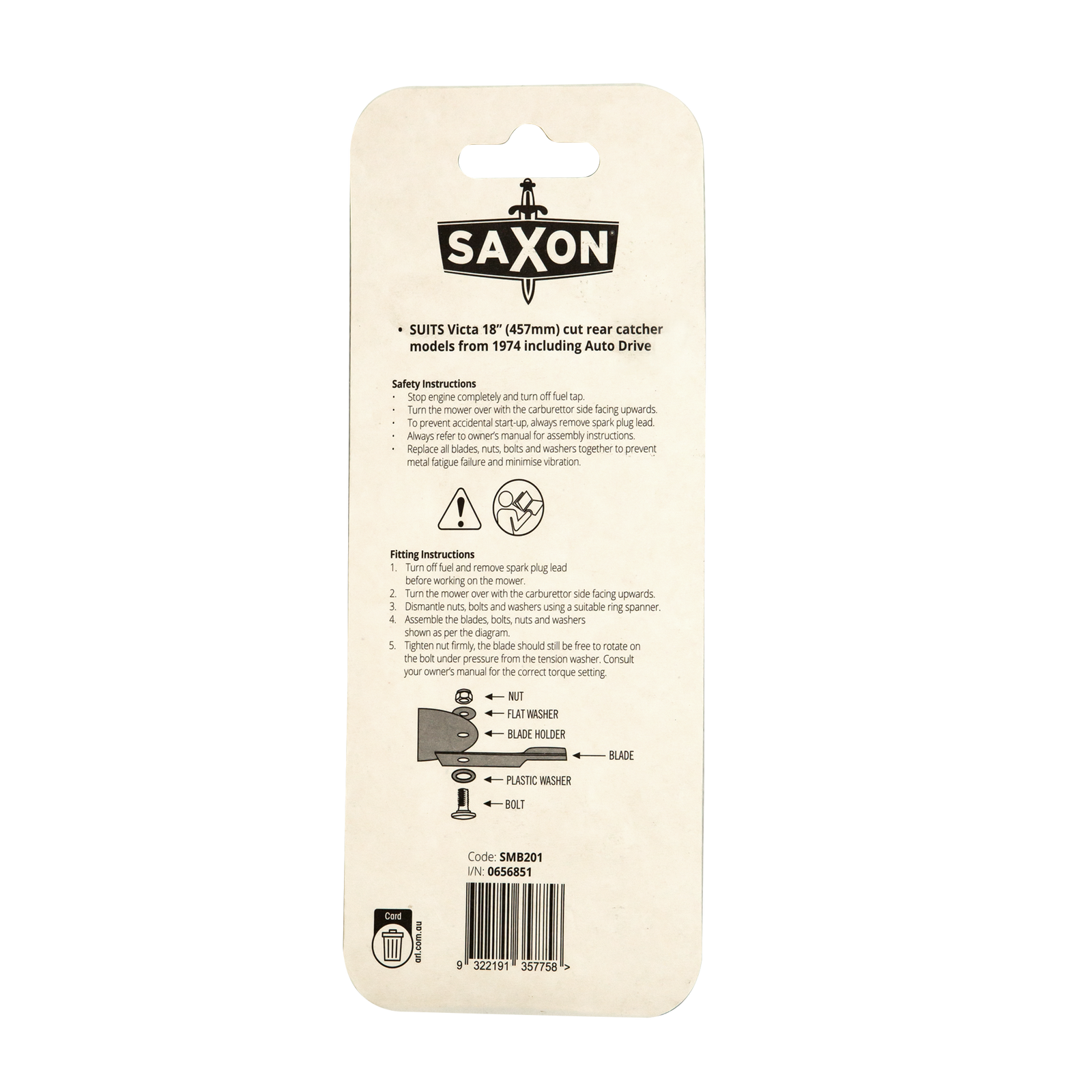 Saxon 18" Mower Blade & Bolt Set 14mm Hole Suits Victa Swing Mulch & Catch - 2 Pack