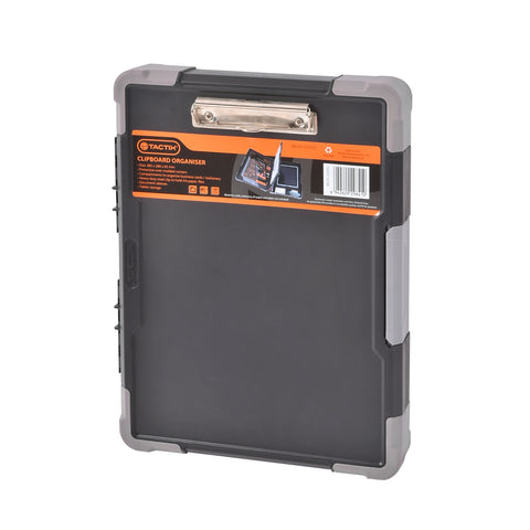 Tactix A4 Clipboard Organiser, Polypropylene and TPR, Document and Stationery Storage, Black and Grey
