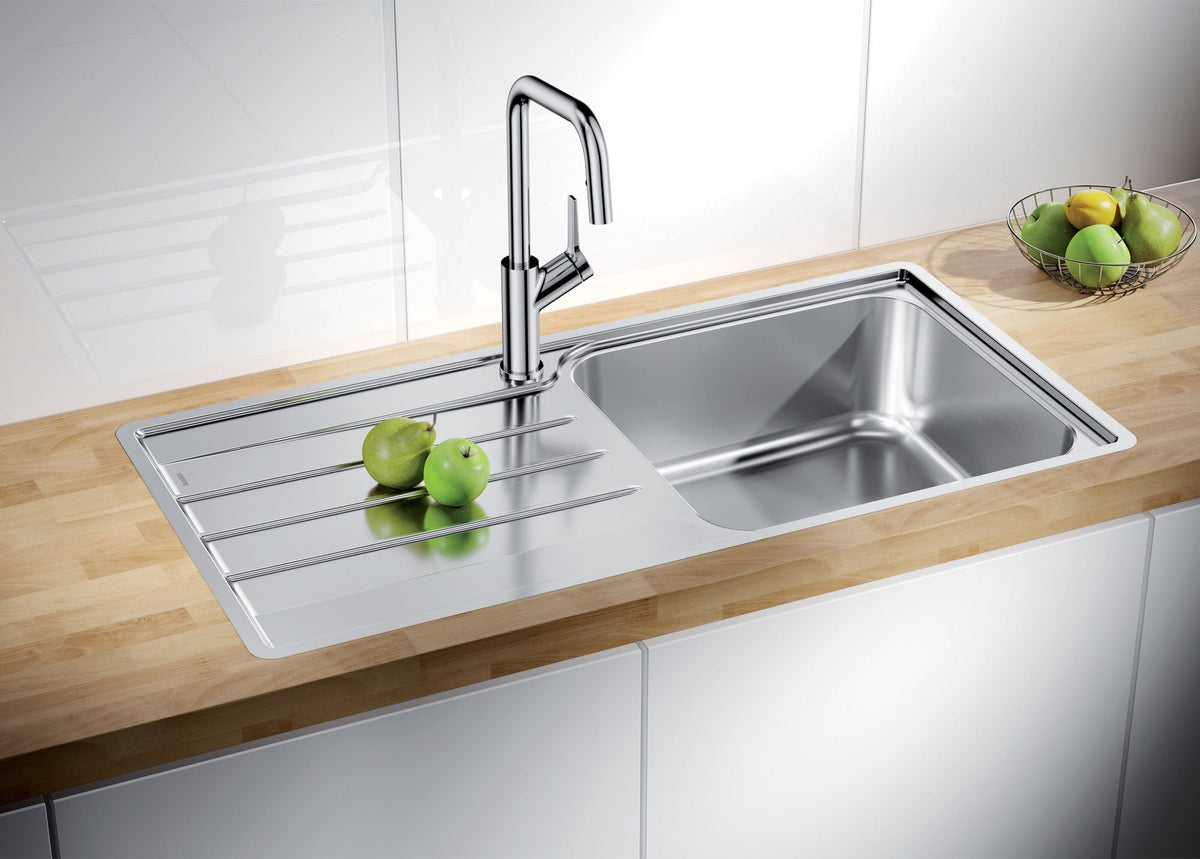 Blanco single bowl sink with left hand drainer - 18/10 stainless steel, flush or top mount - LEMISXL6SRIFK5
