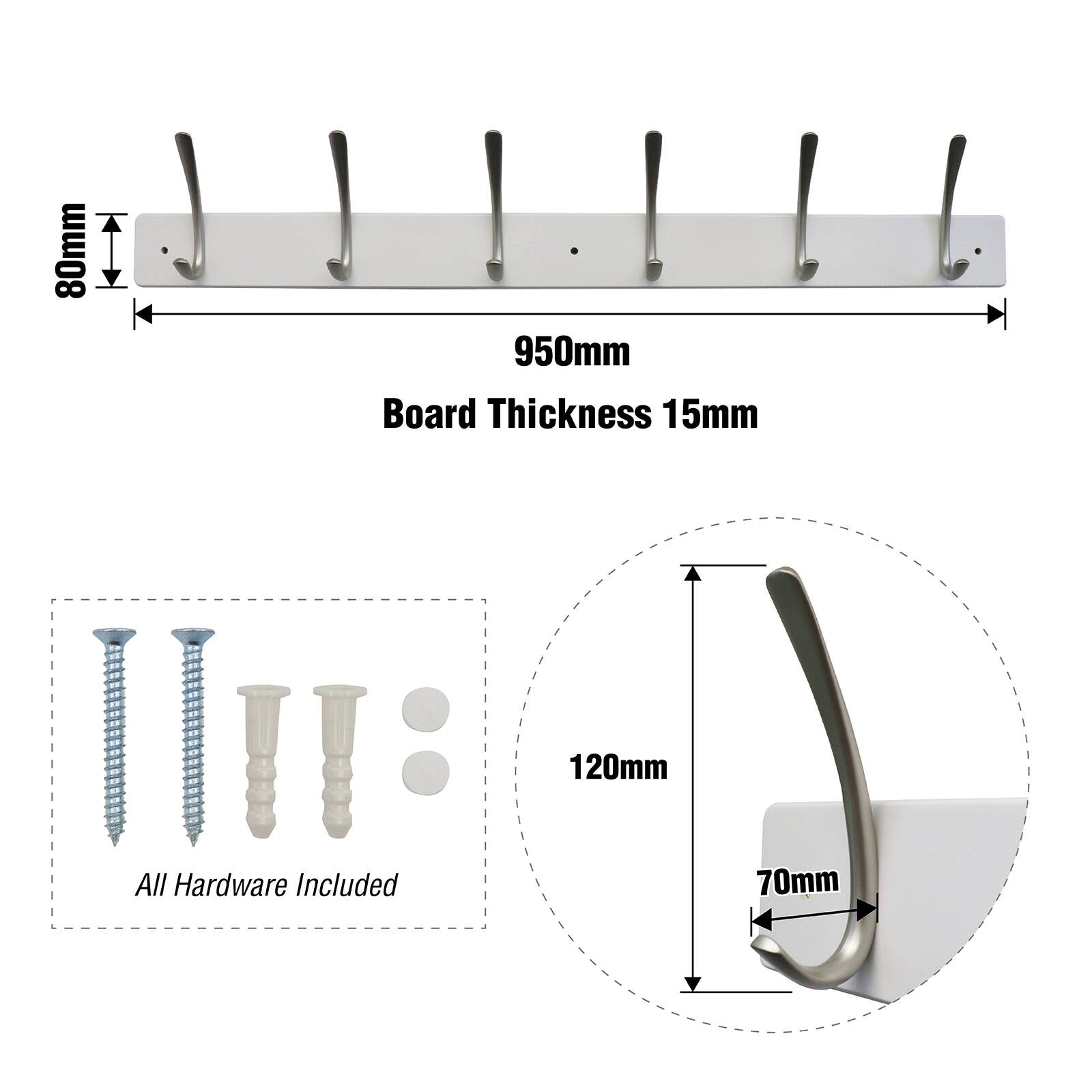 Adoored 6 Double Hook White Board Deco Hook Rack MDF - Satin Chrome